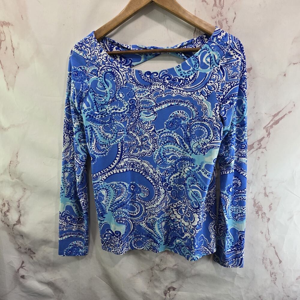 Lilly Pulitzer T Shirt Womens Small Blue Long Cut Out Twist Pima Tristan Coastal